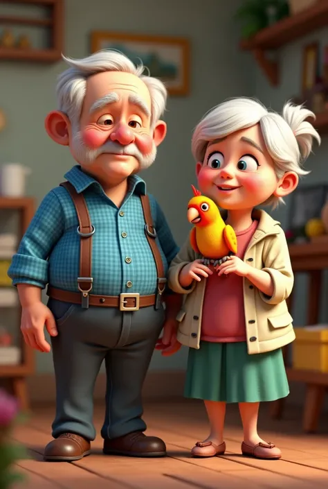 a chubby old man with white hair and a blue checkered shirt with suspenders and a chubby old woman with white hair holding a colorful bird, 3D cartoon style, cinematic