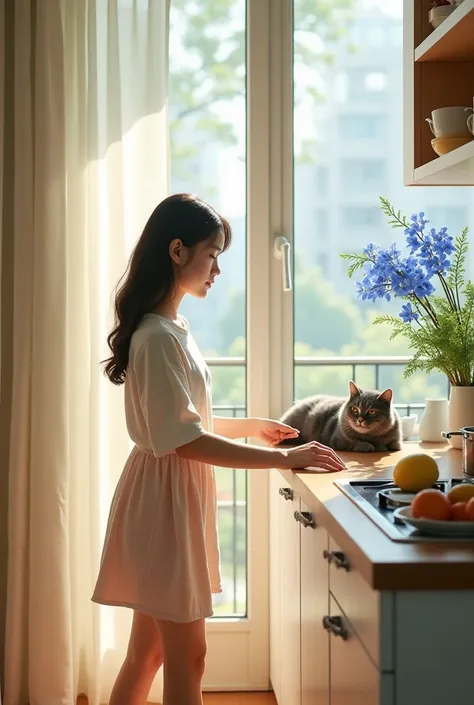 A high-resolution, realistic style photo of a 20-year-old Taiwanese girl tidying up a minimalist kitchen. The background features a balcony with blue plumbago flowers, bathed in sunlight with a gentle breeze. Nearby, a silver-gray American Shorthair cat is...