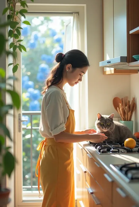 A high-resolution, realistic style photo of a 20-year-old Taiwanese girl tidying up a minimalist kitchen. The background features a balcony with blue plumbago flowers, bathed in sunlight with a gentle breeze. Nearby, a silver-gray American Shorthair cat is...