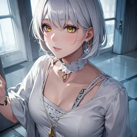 1 girl, a high resolution, very short hair, White hair, earrings, Yellow eyes with a pattern.