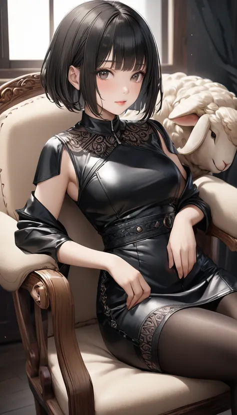 CG。Realistic texture。high resolution。Beautiful Face。cowboy shot。Woman in ethnic black leather dress sitting on chair。Black Pantyhose。White short bob。Has round sheep&#39;s horns on its head。alone。Golden Eyes。smile。Magic Book。Vast snowfields。A world of thick...