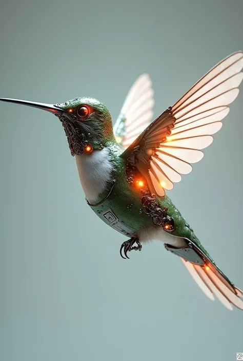 (photorealism:1.2), Make an image of a flying hummingbird created with mechatronic type mechanical parts and generating LED type lights around its body