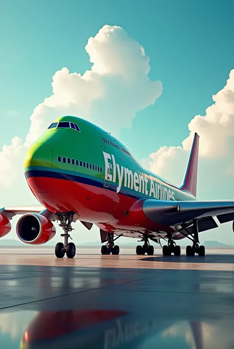 A Boeing 747 with the text “Elyment Airlines” on it and the plane is red green and blue and is not a cargo