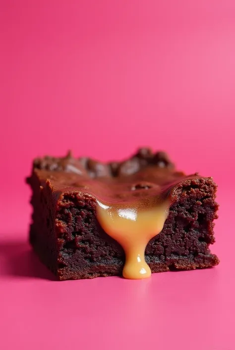 An image to promote a brownie with a dulce de leche flavor that makes you want to eat it in the middle of the dough. Image to put on a package with a pink background with the word dulce de leche written on it. 
