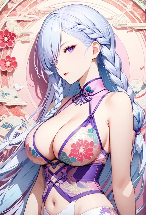 A mesmerizing surreal illustration of a young japanese woman resembling Mei Mei. She has white hair, purple eyes, and wears a vibrant pastel colored outfit adorned with intricate floral patterns. She has a smooth, warm complexion, and bold, colorful tattoo...