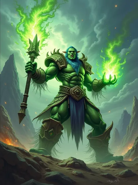 photorealistic of Malfurion Stormrage from World of Warcraft classic in fighting stance hitting his weapon all his ultimate power against his enemies, green pulse and explosion from his weapon, intricate detailed, epic war background, best quality