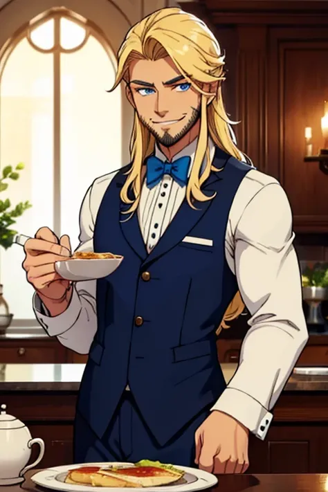 Perfect face. Perfect hands. A muscular blonde haired man with blue eyes and long hair and a dark beard in a butlers uniform is smiling while serving dinner in a fancy butlers cafe