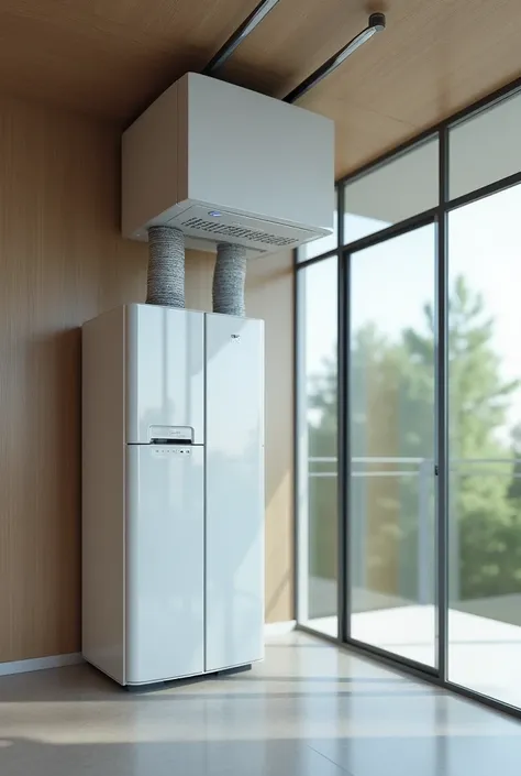 (photorealism1:2) water filter, installable in houses, innovative design, rainwater collector, installed at the height of the ceiling of a house, duct system, connected to a ceiling pipe, square design