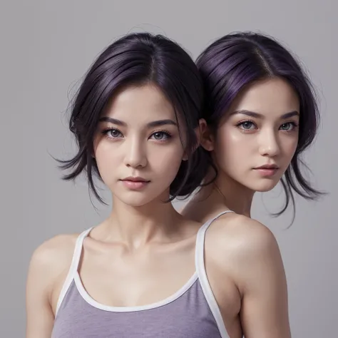 (masterpiece:1.2), (best quality:1.2), almond grey eyes, athletic face, 1girl, mature female, medium dark purple hair, wearing tank top, white background