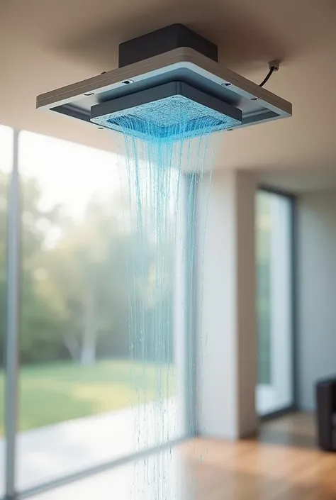 (photorealism1:2) water filter, installable in houses, innovative design, rainwater collector, installed at the height of the ceiling of a house, duct system, connected to a ceiling pipe, square design, economic design