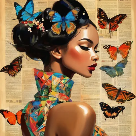 lateral view, lonely, wearing a magazine cover dress, delicate facial features and long eyelashes, a butterfly landed on his hea...