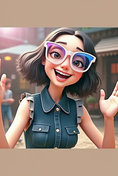 Imagem estilo pixar com óculos de personagem 3D azul morena mulher cabelo c curto dançando, Disney makeup,fisherman, cute, smiling ,close up, pixar, Disney, Cinema lighting,