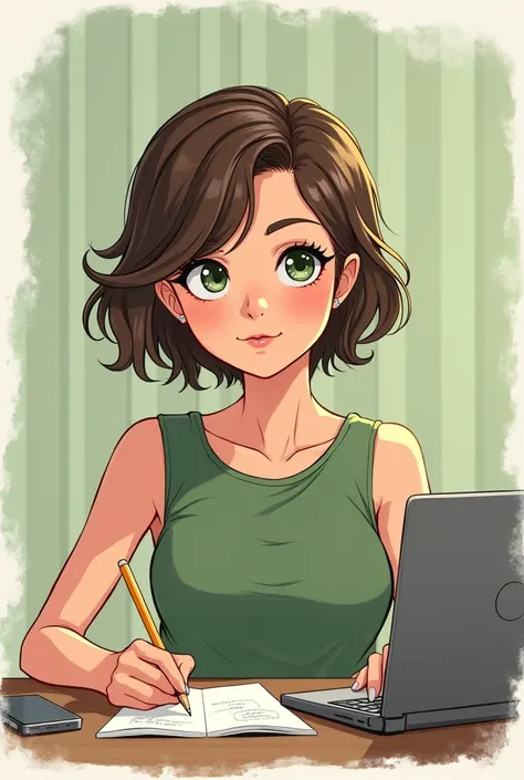 art mignon, art simple , femme, yeux vert, cheveux brun très court a la garçonne, un ordinateur sur un bureau, dessin