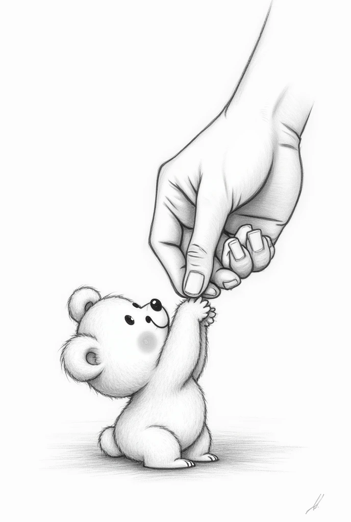 Human hand holding bear paw, animated pencil drawing
