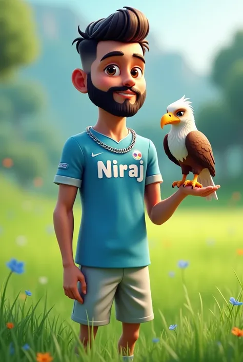 A 3D cartoon of 20 year short beard boy wearing sky colour jersey and  silver colour lower, standing in a green field, write Niraj on his dress, wearing a silver chain in his neck, a eagle sitting on his hand