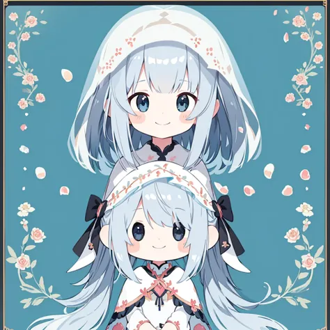 Transparent watercolor、girl、Gemstone Eyes、Beautiful arrangements and motifs、Depth of written border、smile、Flat avatar, 1girl, Bowing、Silver Hair((Medium Hair、Straight Hair)), White tips, Fashionable design clothes、Background white、Rose petals, Cute girl, M...