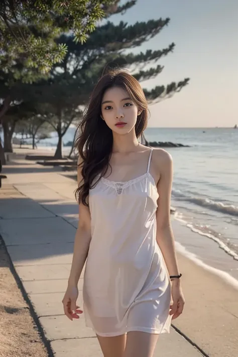 1 Girl,seaside,Soft Light,Chinese Beauty,Slip nightdress