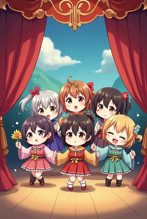 A group of people performing theater, in chibi anime style full body