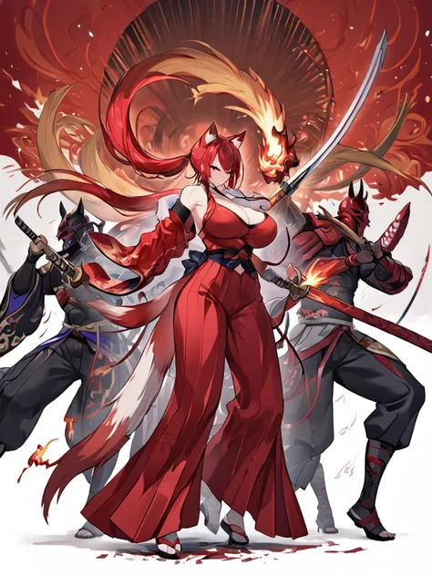  8K Best quality Masterpiece Long red ponytail Red fox ears Nine fox tails Very large breasts Red eyeshadow on lower eyelids Five fingers Alluring Japanese style Kimono Wearing a red jacket Long hakama Toned body Flame hell Red-hot Japanese sword Fighting ...