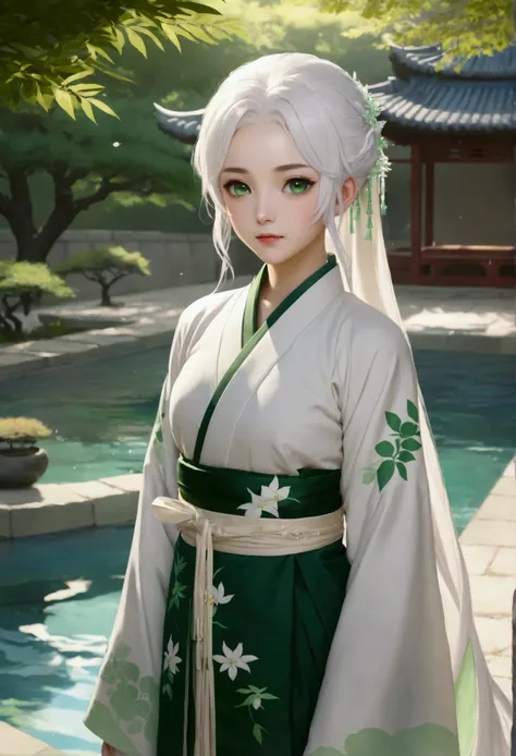 Hanfu, (ru_qun), tree, swimpool, White hair, greeneyes, nahida_genshin, child, work of art, best qualityer