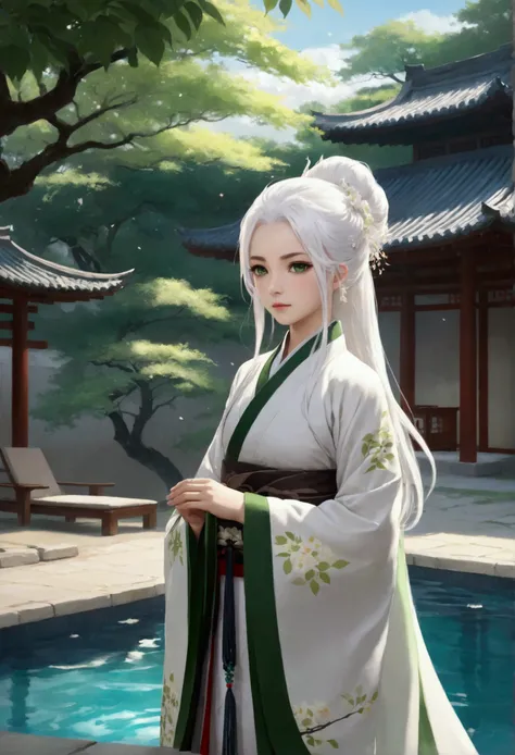 Hanfu, (ru_qun), tree, swimpool, White hair, greeneyes, nahida_genshin, child, work of art, best qualityer