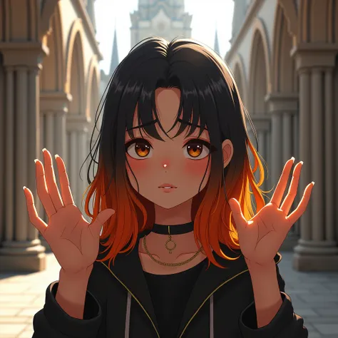 Background Gothic_cathedral Monte do Gozo Santiago de Compostela, 1 girl, long shot, put the both hands up, perfect hands,and only 5fingers):1.33, Her name is ZENKA, college school student attending AMD Academy, 20yo, (detailed brown eyes, jet-black middle...