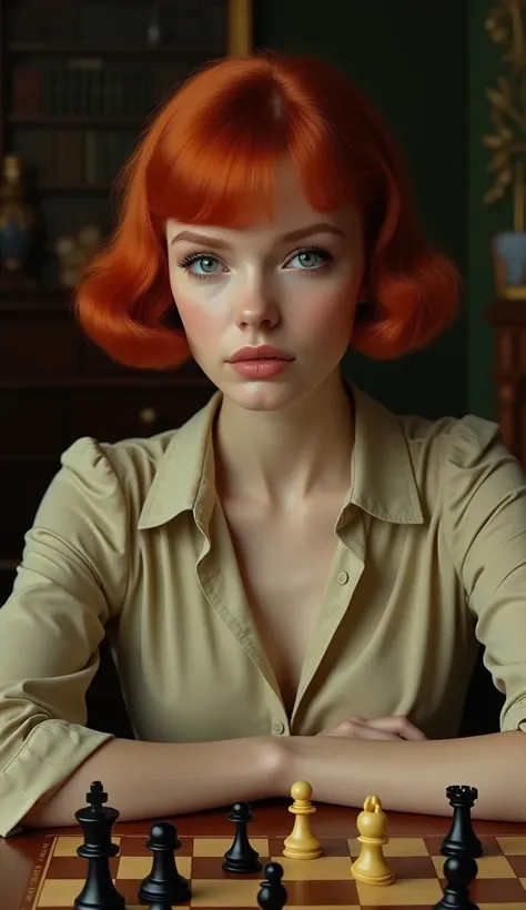 Create an image of a young woman resembling Beth Harmon from The Queens Gambit. She has red hair styled in a vintage bob haircut, pale skin, and green eyes. The woman is wearing a 1960s-inspired outfit, perhaps a collared dress or a stylish blouse and skir...