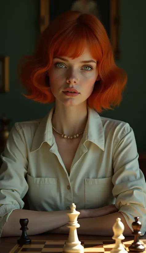 Create an image of a young woman resembling Beth Harmon from The Queens Gambit. She has red hair styled in a vintage bob haircut, pale skin, and green eyes. The woman is wearing a 1960s-inspired outfit, perhaps a collared dress or a stylish blouse and skir...