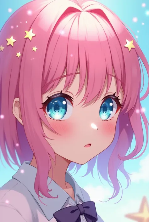 Anime girl with pink hair and blue eyes with stars on her head, cute art style, beautiful anime art style, anime art style, lindo style of anime, anime art style, Beautiful drawing style, trends in art, anime art style de alta qualidade, rossdraws pastel v...