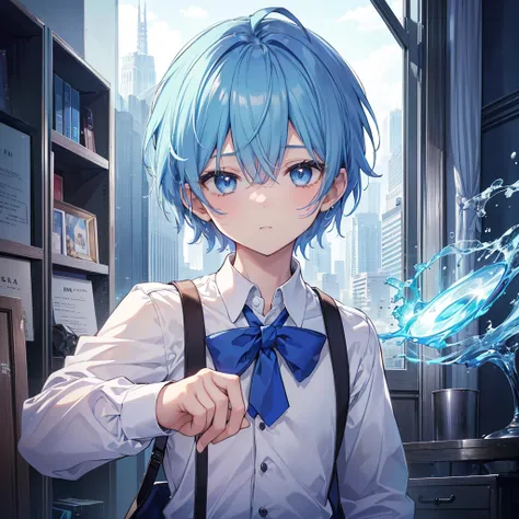 ((คุณภาพดีที่สุด)), ((ผลงานชิ้นเอก)), (รายละเอียด), 1. A cute boy with blue hair, light blue eyes, short hair, wearing a magic school uniform in a magic school.