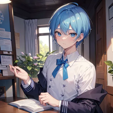 ((คุณภาพดีที่สุด)), ((ผลงานชิ้นเอก)), (รายละเอียด), 1. A cute boy with blue hair, light blue eyes, short hair, wearing a magic school uniform in a magic school.