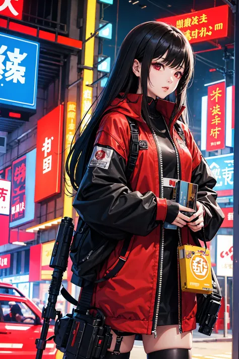 cyberpunk book cover. cybernetic chinese sexy girl wearing red cheonsam in japan future city street