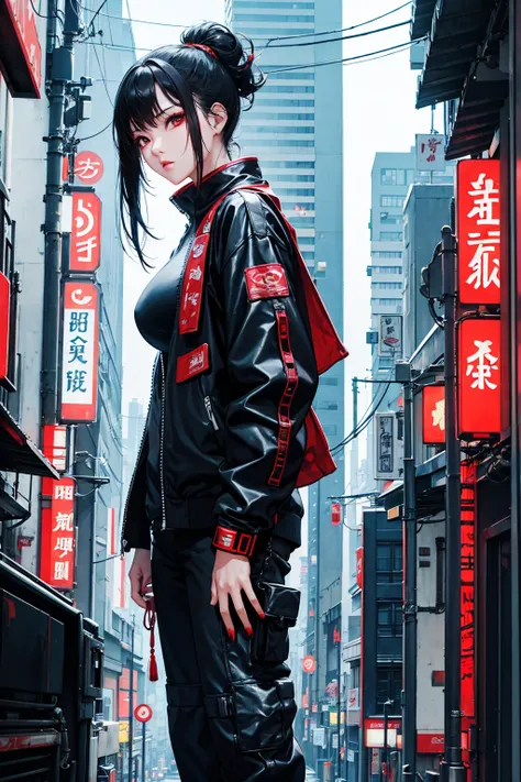 cyberpunk book cover. cybernetic chinese sexy girl wearing red cheonsam in japan future city street