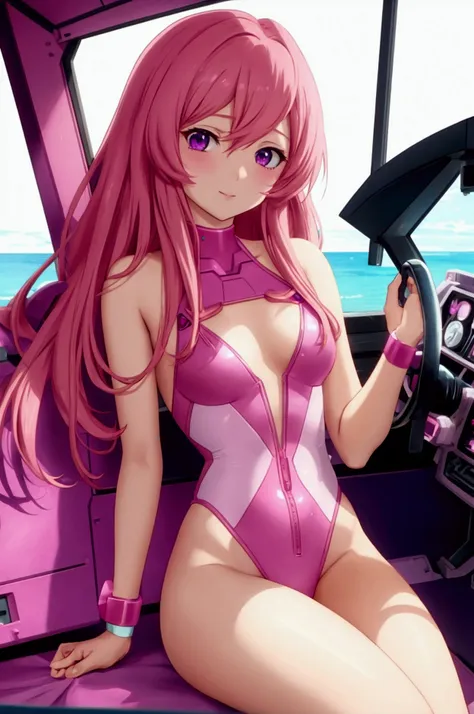 lacus clyne in a pink swimsuit inside the cockpit of a gundam