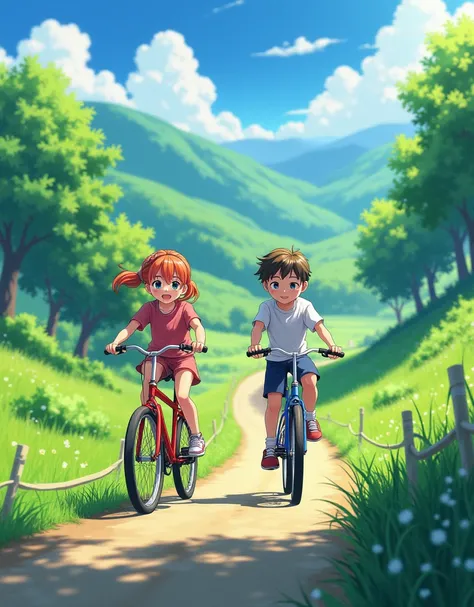 Create a anime style landscape close-up image. Cycling of  young girl with young boy boy