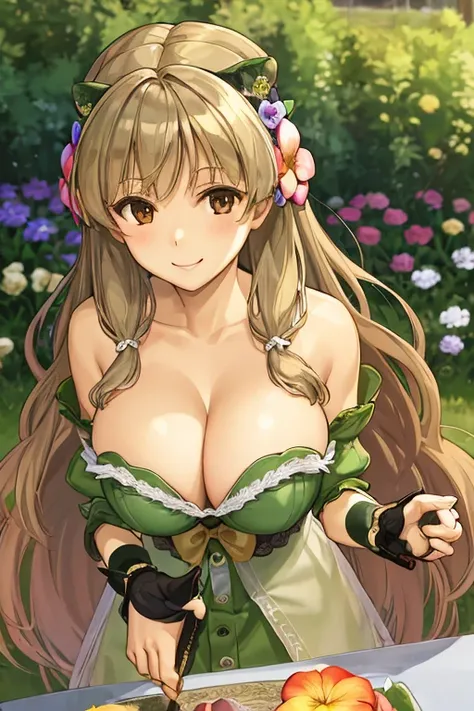  (1 girl), (smile), (Huge breasts:1.2), (Chest close-up), (Long Hair),  (Looking at the audience), (from before), (Hair Flower), (garden), (Pasture),(((large breasts))),((cleavage))