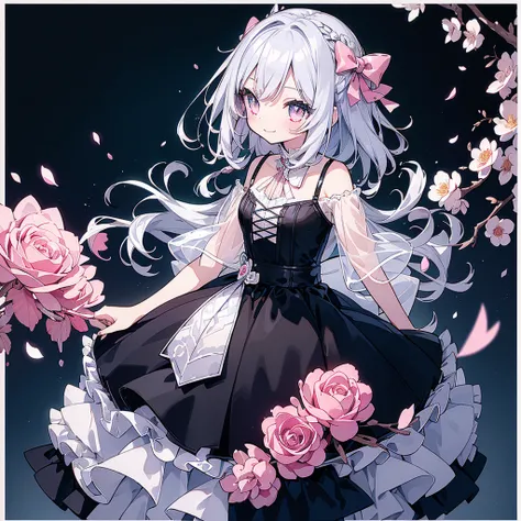 Transparent watercolor、girl、Gemstone Eyes、Beautiful layout and motif、Depth of written border、smile、Flat avatar、1 person、bow、Silver Hair((Medium Hair、Straight Hair))、White bristles、Fashionable design clothes、Background white、Rose petals、cute、black and pink ...