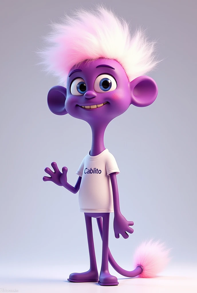  Create a cartoon character. The character is an elongated straw shaped like a purple electric cable. Use the following code to give it the exact color. #561c84 and her hair are the fibers of the luminous white cable. The character must have a happy and fr...