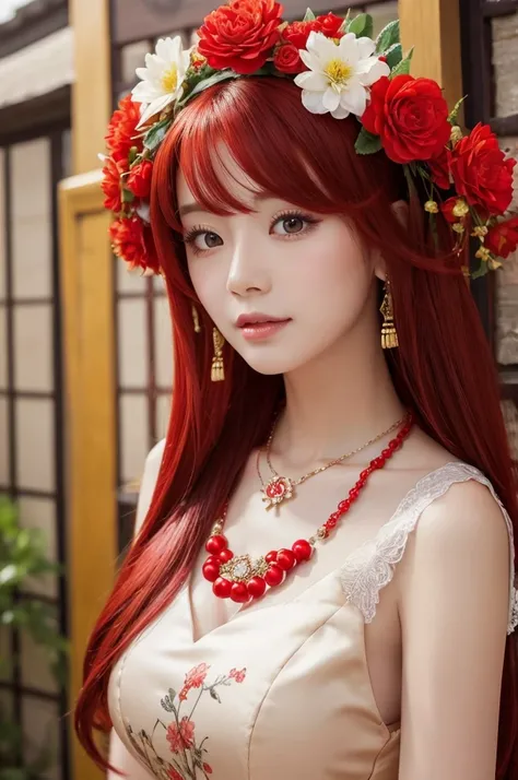 Red hair, beautiful woman, long hair, flower on head, Chinese dress, necklace