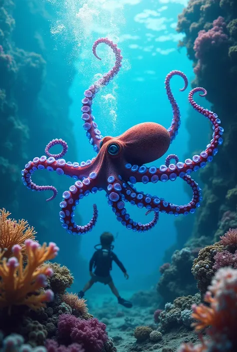 Blue-ringed octopus, dynamic movement, on a coral reef, young man diving near octopus Staring at the blue-ringed octopus, photo realism, 34K, beautiful and contrasting colors, high color saturation,