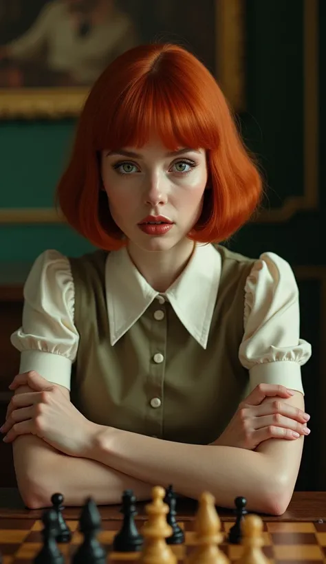 Create an image of a young woman resembling Beth Harmon from The Queens Gambit. She has red hair styled in a vintage bob haircut, pale skin, and green eyes. The woman is wearing a 1960s-inspired outfit, perhaps a collared dress or a stylish blouse and skir...