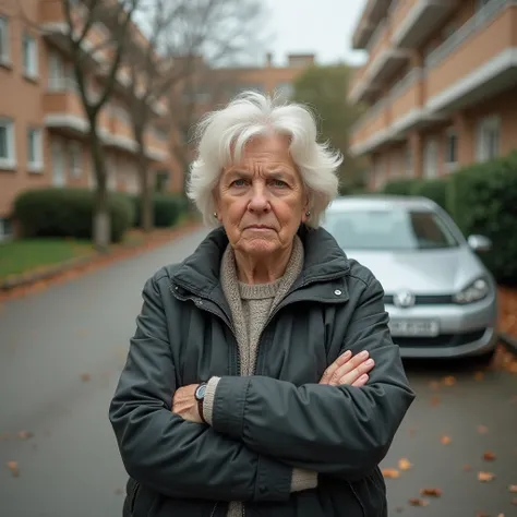 A fat blonde girl of 30 years old stands on the territory of an apartment building, a car is parked behind her, the girl has a frown on her face.