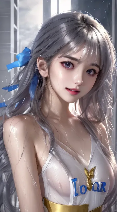 Silver Hairs, Brunette Girl, big Smile, Super beautiful sparkling eyes、Girl hanging from ceiling with arms tied with rough rope、Sweat、The rope bound her body、Wet body、Rough rope digging into crotch、A large amount of liquid flows out from the groin、One leg ...