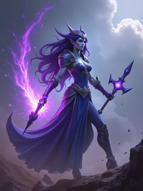 photorealistic of Tyrande whisperwind from World of Warcraft hitting her weapon all her ultimate power against her enemies, purple pulse and explosion from her weapon, intricate detailed, epic war background, best quality