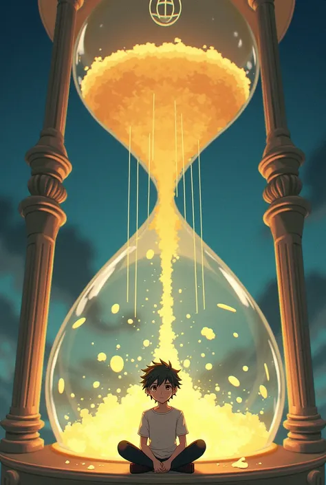 Anime guy sitting inside the bottom of a giant hourglass