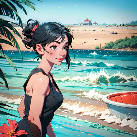 A young woman in a tank top enjoying the beach, chubby, Japanese, cute, fair-skinned, smiling, alone, Long black hair, bright sun, southern island, sea, sunburn marks