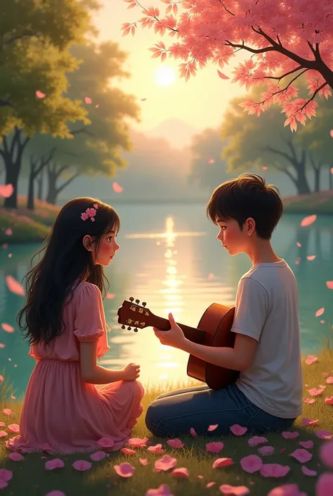 A teen age boy playing a guiter for his girlfriend realistic front a beautiful river and perfact nature view and right and left trees color ping falling pink leaf and sunrise time flaying Barts