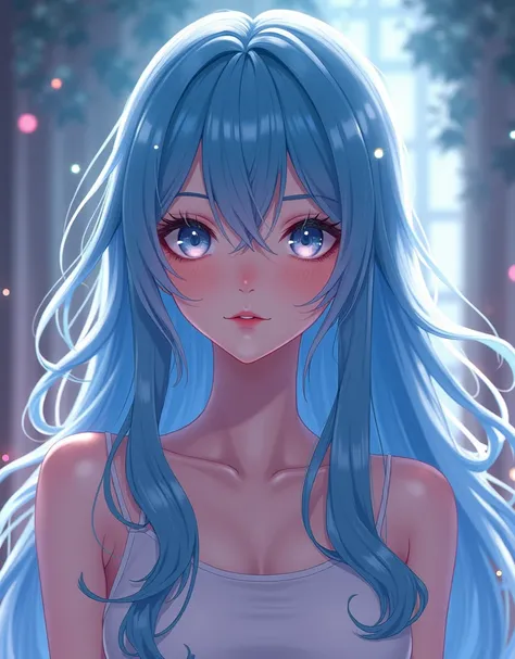 anime ,Wearing a tank top、Beautiful with long blue hair, Detailed face with large expressive eyes, Detailed lips, Long eyelashes, Sailor Moon, Magical girl, Fantasy, Soft lighting, Vibrant colors, Structure of the film, Digital Art, Very detailed, masterpi...