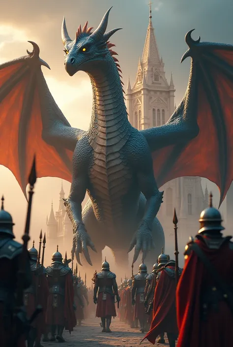 A victorious dragon guarding its kingdom and treasure, humans in retreat after defeat, restoring peace and security, (best quality,4k,8k,highres,masterpiece:1.2),ultra-detailed,(realistic,photorealistic,photo-realistic:1.37),dramatic lighting,cinematic,epi...