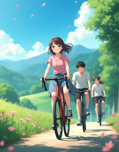 Create a anime style landscape close-up image. Cycling of  20 year old cute girl 2 handsome boy